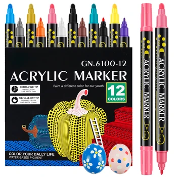 12Pcs צבע אקרילי סמן 12 צבעים כפולה טיפ צבע אקרילי עט עמיד למים מהר יבש סימן עט DIY מלאכה כלי פלסטיק נייר