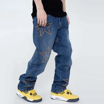 2023 גברים היפ הופ אופנת רחוב מכנסי ג 'ינס רקמה כוכבים מכנסי ג' ינס Harajuku כותנה רצים ג ' ינס מכנסי הרמון מכנסיים שחורים