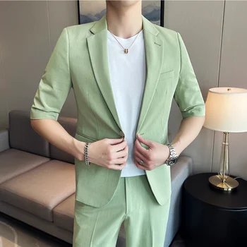 2023 קיץ האופנה שרוול קצר מעיל ז ' קט תואם שאיפה רזה צבע מוצק 2 חלקים גברים מזדמנים עסקים המסיבה במשרד טוקסידו