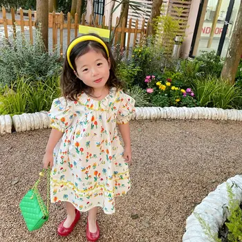 2023 קיץ חדש קוריאני גרסה בגדי ילדים מעורב צבעים פרחוניים נסיכה בנות שמלת קפלים שרוול קצר שמלת כותנה שמלה