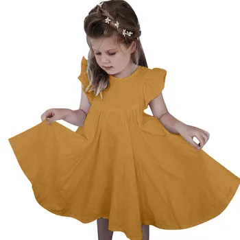 2023 קיץ חדשה הפעוט שמלת נסיכה ילדים כותנה סיבתי השמלה קפלים צבע טהור ילדה בגדי שמלת קיץ קוריאה יפן סגנון