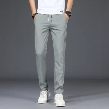 2023 קיץ חדשה מזדמנים מכנסיים גברים מוצק צבע עסקי האופנה Slim Fit למתוח אפור דק מכנסיים זכר בגדי מותג