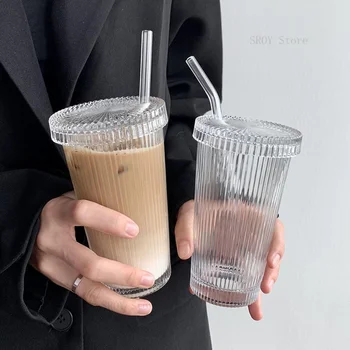 390ml פשוט יפה פס זכוכית קש גביע שיק שקוף בירה חלב כוסות קפה עם מכסה כוס תה ספל מתנות לחתונה