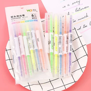 6 צבעים מדגיש סט כפול הסתיים עט סימון Kawaii צבע אור סמנים תלמיד מכשירי כתיבה וציוד לבית הספר