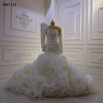 AM1124 שרוול מלא קפלים בתולת ים שמלת חתונה