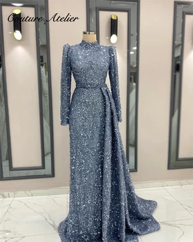 Aracic כחול חרוזים שרוול ארוך המוסלמים שמלות ערב עם רכבת חתונה שמלת מסיבת יוקרה טורקיה שמלות לנשף אלגנטי צוואר גבוה