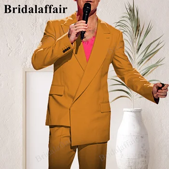 Bridalaffair כתום (ז ' קט+מכנסיים) גברים חליפה 2 חלקים חליפה חדשה מוצק צבע לשיא דש Slim-Fit בוטיק עסקי אופנה גברים