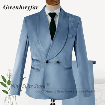G&N אלגנטי השמיים קטיפה כחולה טוקסידו עבור החתן החתונה ללבוש את החליפות לכלול מעיל ומכנסיים כפול עם חזה ז ' קט, 3 כיסים.