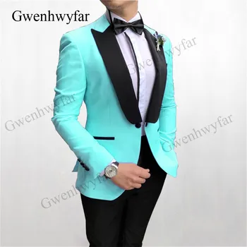 Gwenhwyfar צבע טורקיז חליפות גברים 2020 חדשה סגנון כפתור רבותיי המסיבה ללבוש טוקסידו בלייזר עם מכנסיים שחורים ,סאטן דש