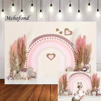 Mehofond צילום רקע ורוד בוהו קשת אוהב את הלב ילדה מסיבת יום הולדת עוגת לרסק דיוקן עיצוב רקע צילום סטודיו