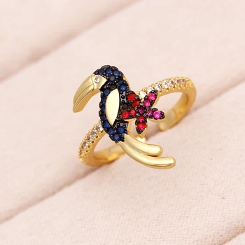 ZOSHI צבעוני Woodpeck מצופה זהב מעוקב Zirconia טבעות לנשים פרח עיצוב זהב פתח את האצבע טבעות תכשיטים לחתונה מתנות