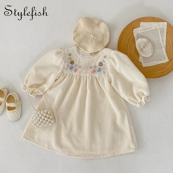 אביב בגדי תינוקות תינוקת שמלת קורדרוי הגברת רקום חצאית 0-4T בנות שרוול ארוך חדש.