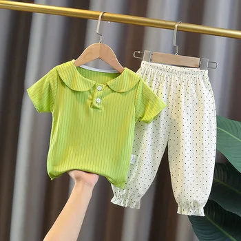 אופנה חדשה קיץ בגדי ילדים שרוול קצר חולצות נקודה רץ לכיוון המכנסיים שני חלקים התינוק בגדי ילדות יפה מגניב קוריאנית להגדיר