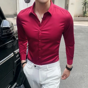 איש עסקים לכל היותר אדום רשמי רגיל חולצות חולצות גברים שרוול ארוך באיכות גבוהה יוקרה מעצב בציר כותנה בגדים S