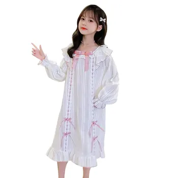 בייבי בנות קוריאני בגדים הנסיכה כותנות לילה שרוול ארוך האביב לישון שמלות, פיג ' מות כותנה, הלבשת לילה ילדים 4-13 שנים