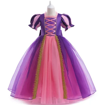 בנות שמלה 3-10Y ילדים נסיכת שמלה ארוכה שיער ארוך נסיכה רשת בועות שרוול השמלה Cosplay תלבושות
