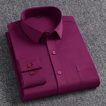 גברים חולצות בצבע אחיד למתוח טיפול קל בגדים שרוול ארוך כיס יחיד הצווארון להנמיך עסקים חכם שמלה מזדמן החולצה