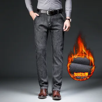גברים חורף מתאים ישר צמר לעבות ג 'ינס קלאסי המותג פשוט חם עסקי מזדמן כותנה למתוח ג' ינס מכנסיים טהור