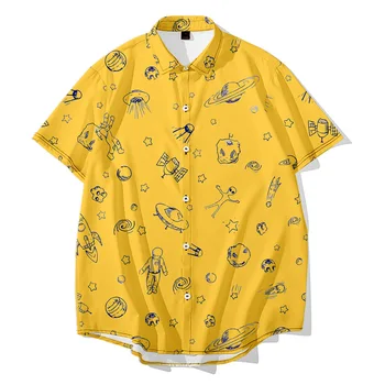 האופנה גברים של הקיץ מתאים מנופחים 6XL חולצת הוואי חללית מצויר כוכב הדפסה קצרים שרוולים החוף מזדמנים החולצה