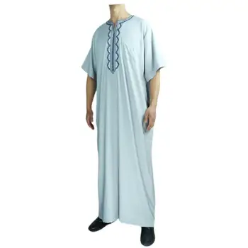 המוסלמים Thobe צוואר עגול שרוולים קצרים הכותנה פשתן חופשי גברים ערבים החלוק הסיטוניים