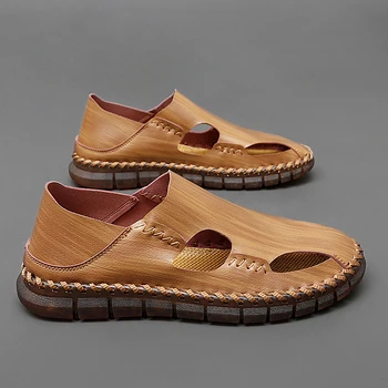 חדש מעצב מותג נעלי גברים קיץ לנשימה עור חיצונית מזדמנים נעלי חוף סנדלי החלקה רך נוח להעיר נעלי ספורט