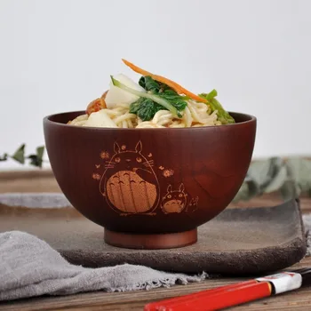 יפני יצירתי קערת עץ מצויר טוטורו קערת מרק, סלט אורז עם אטריות טבעי שיזף ילדים יומן קערת שולחן עץ הקערה.