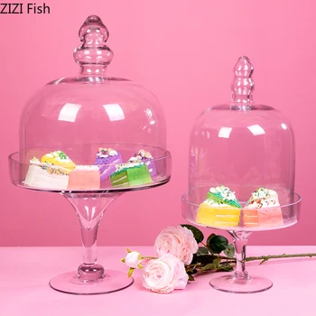 סגנון אירופאי שקוף זכוכית עגול עוגה לעמוד אבק מכסה זכוכית מזון כיסוי צלחת ומכסה על חתונות יום הולדת עיצוב