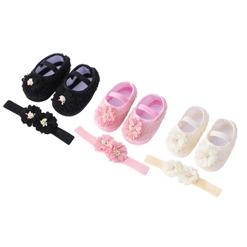 פרח חמוד נעליים עם Hairband עבור בנות תינוק פעוט רך נעלי תינוקות פעוטות מהלכים הדפס נסיכה הנעל הראשונה מהלכים