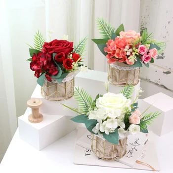 פרחים מלאכותיים Weddding עם קישוט פרח סל הביתה מזויף עיצוב ורדים אדומים וקישוטי חתונה צמחים צמחים
