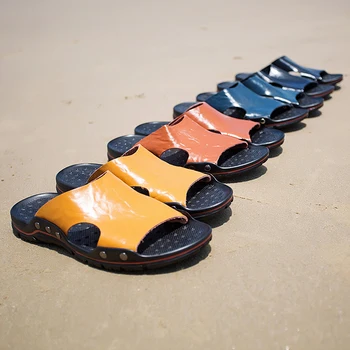 קיץ גברים עור אמיתי נעלי אופנה אנטי להחליק נעלי חוף נעלי מותג כפכפים זכר סנדלי אדם שקופיות פלוס גודל 38-48