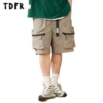 רב-כיס מכנסיים קצרים Mens מוצק צבע קיץ קליל משוחרר ספארי סגנון אלסטי המותניים רחב הרגל עד הברך אורך מכנסיים קצרים