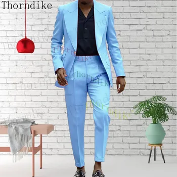 תורנדייק אופנה 2 יח ' Mens חליפות סלים מתאים לעסקים כפתור אחד חליפות חתן אור כחול טוקסידו עבור מסיבת חתונה (קט+מכנסיים)